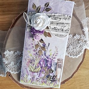 Fioletowa kartka urodzinowa ze skrzypcami
