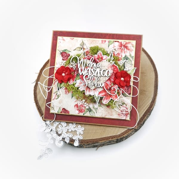 Romantyczna, ręcznie robiona kartka ślubna. Bogata kartka na wesele. Rękodzieło dostępne od ręki. Oryginalna kartka ślubna w kolorze czerwonym.