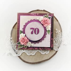 Ręcznie robiona kartka na 70 urodziny. Różowa kartka z okazji 70 urodzin. Piękna kartka dla babci, mamy.