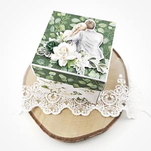Oryginalny prezent na ślub: biało-zielony exploding box. Ręcznie robiony prezent dla pary młodej z miejscem na gotówkę w środku.