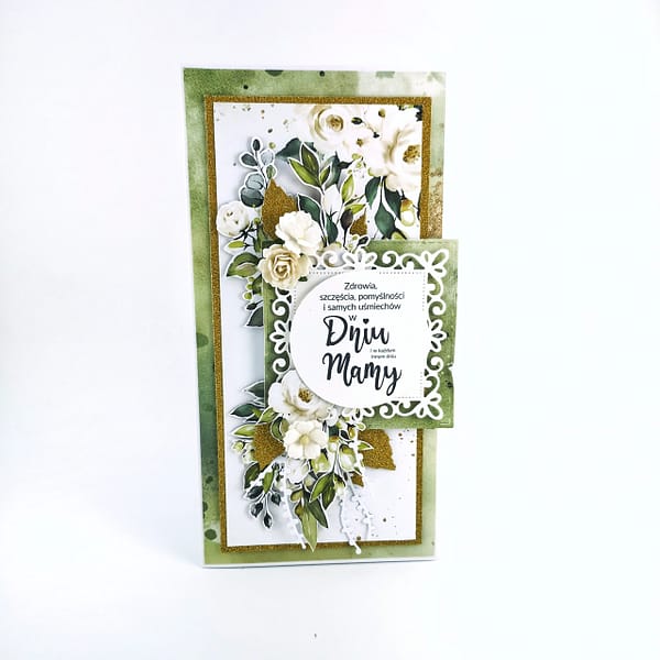 Złoto-zielona kartka dla mamy. Oryginalna, ręcznie robiona kartka na Dzień Matki. Kartki scrapbooking.