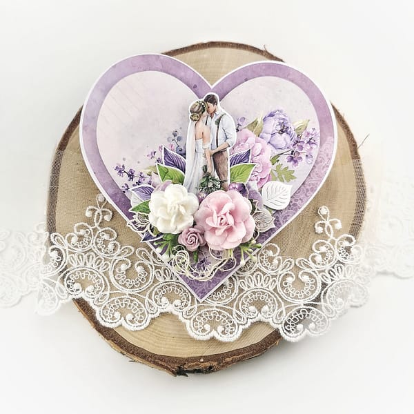 Piękna, ręcznie robiona fioletowa kartka ślubna z możliwością personalizacji. Rękodzieło w prezencie ślubnym. Kartka od świadkowej.